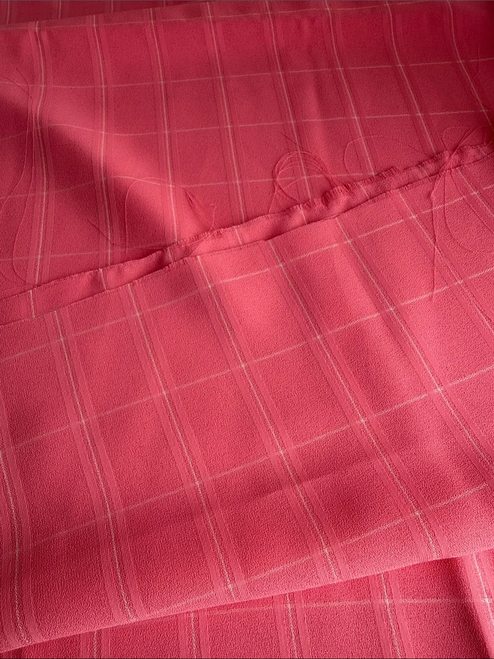 Vintage 1980s Coral Pink Windowpane Plaid Lightweight Drapey Fabric 2 Yards